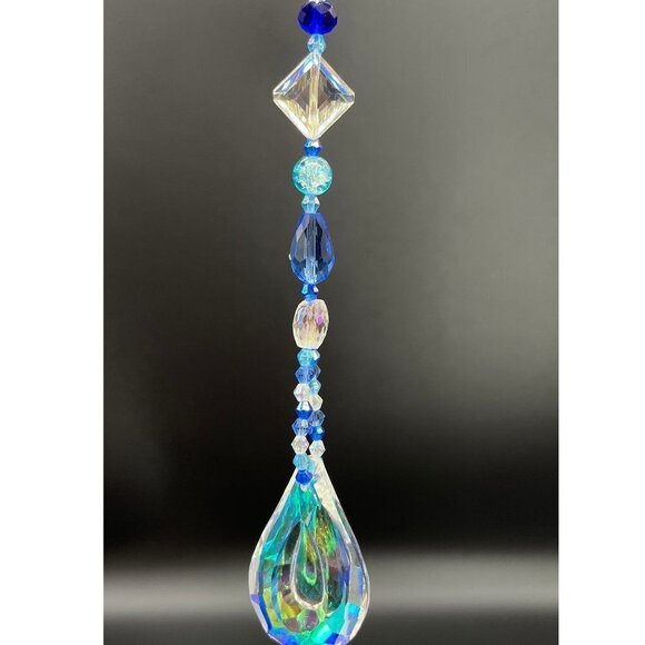 Blue Beaded Suncatcher - Clear Crystal Prism - Indoor Outdoor Hanging Decor - Picture 4 of 16